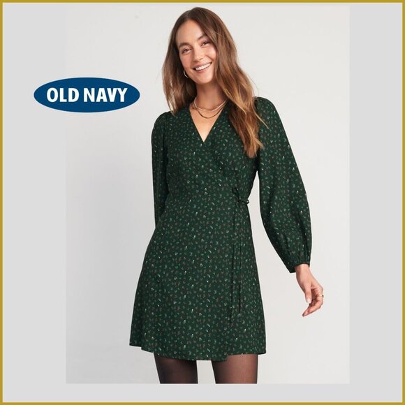 Old Navy Petite M Floral Wrap Dress Long Sleeve Dark Green | Size M - Picture 1 of 5